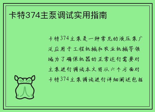 卡特374主泵调试实用指南