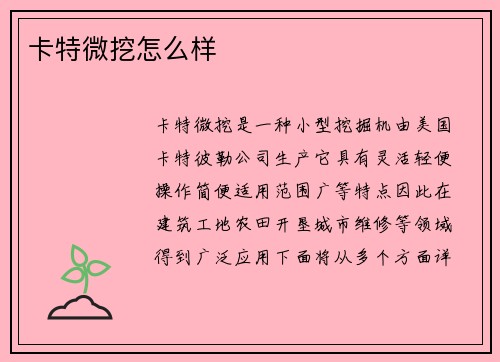 卡特微挖怎么样